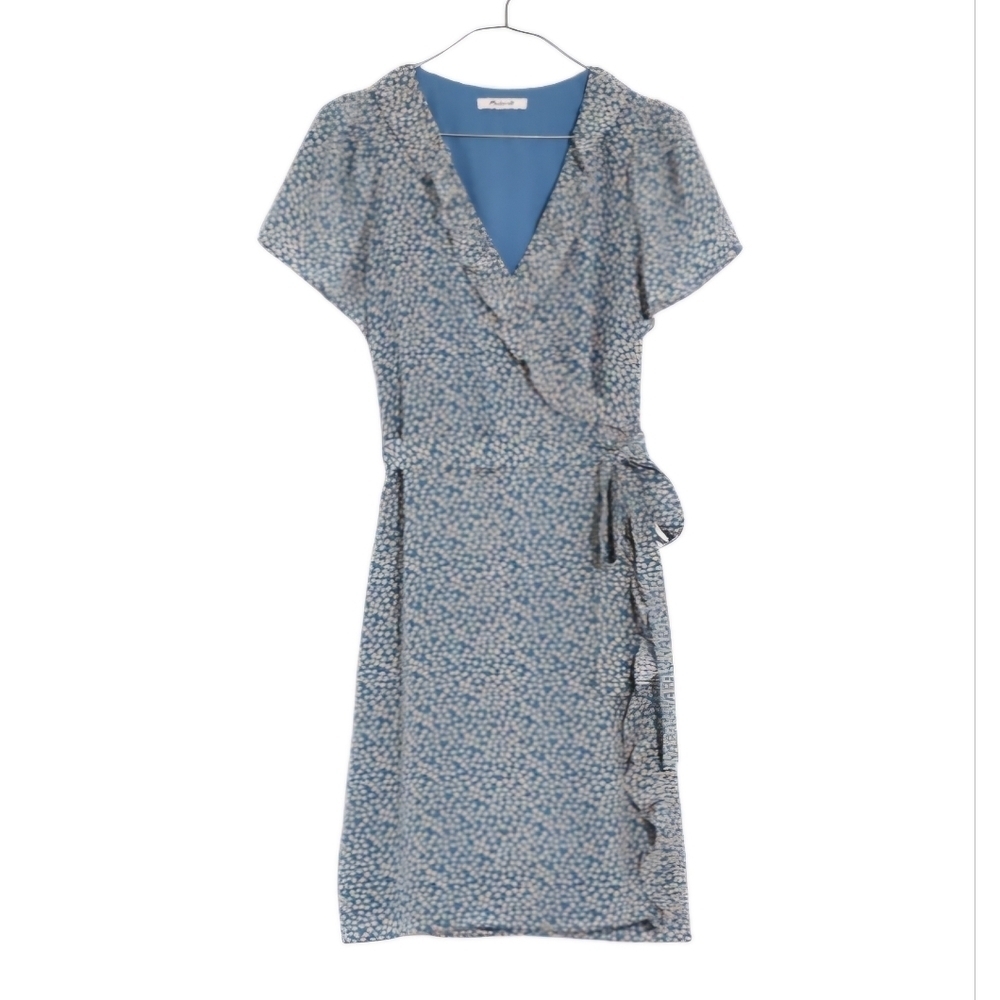 Madewell Silk Blue Floral Ruffle-Edge Wrap Dress in Bitsy Floral size XS EUC